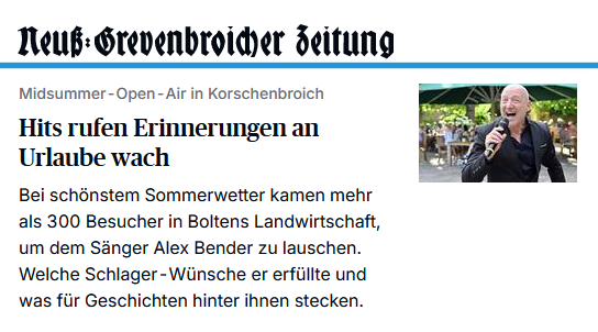 Korschenbroich: Alex Bender sang in der Bolten Landwirtschaft beim „Midsummer Open-Air“ 2025