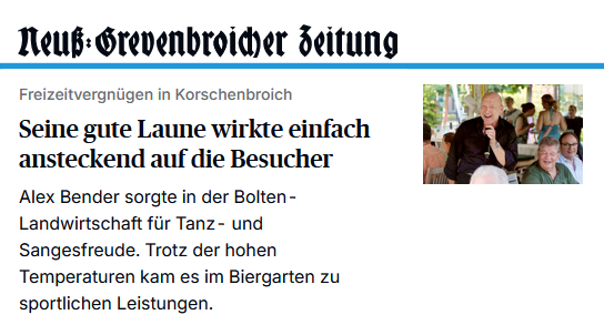 Korschenbroich: Alex Bender war live auf dem „Midsummer Open-Air“ 2026. Seine gute Laune wirkte einfach ansteckend auf die Besucher
